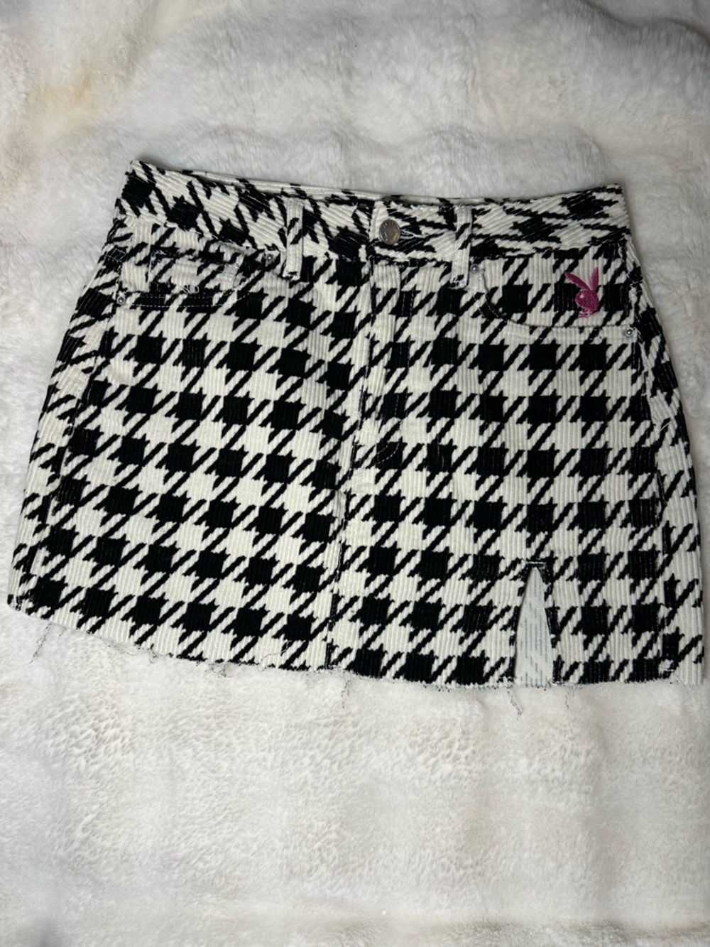 PLAYBOY Black & White Houndstooth Mini Skirt with Pink Bunny Accent